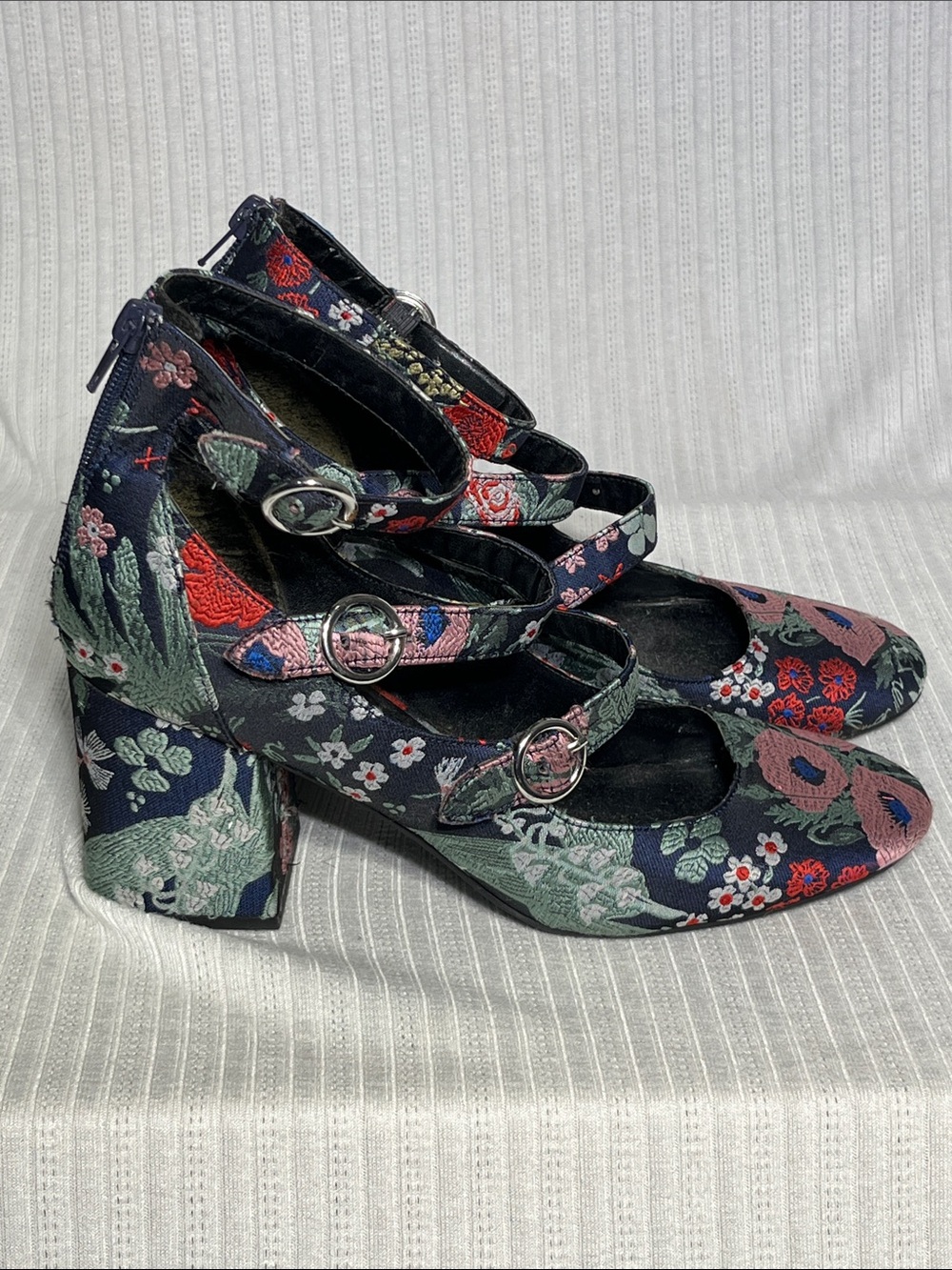 Indigo Rd Navy Floral Embroidered Multi-Strap Heels - 10
